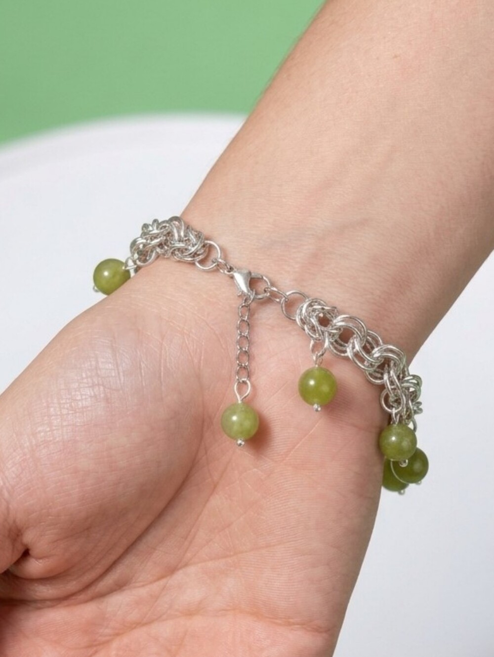 Handcrafted Chainmaille and Green Stone Bead Bracelet